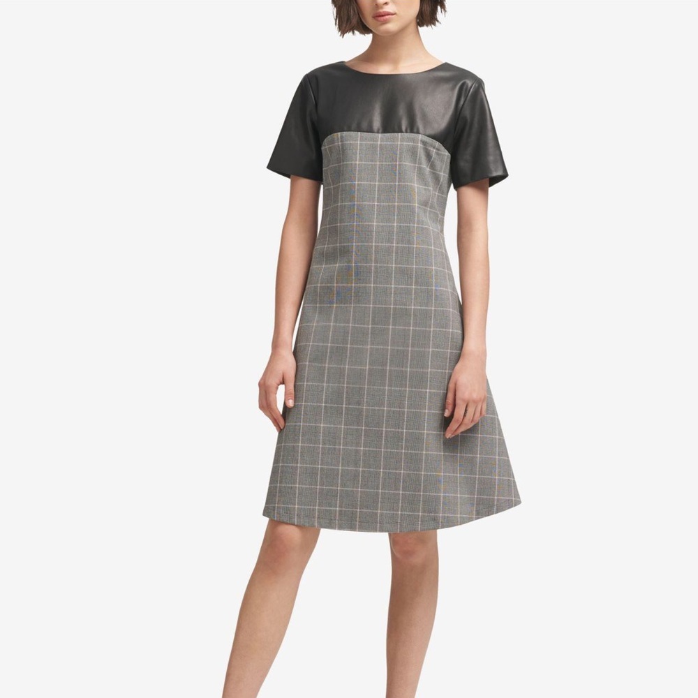 DKNY faux leather plaid Aline garden plaid dress